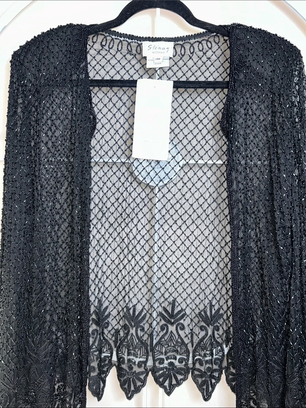 Vintage Stenay 100% Silk Black Beaded Sheer Open-Front Cardigan Duster Jacket